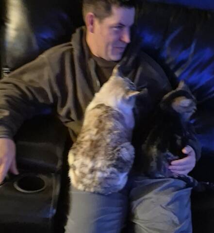 Photo of a smiling man with short dark hair sitting on a black leather couch, holding two cats. The image is a candid, indoor shot and is labeled as the appeal photo on the page.