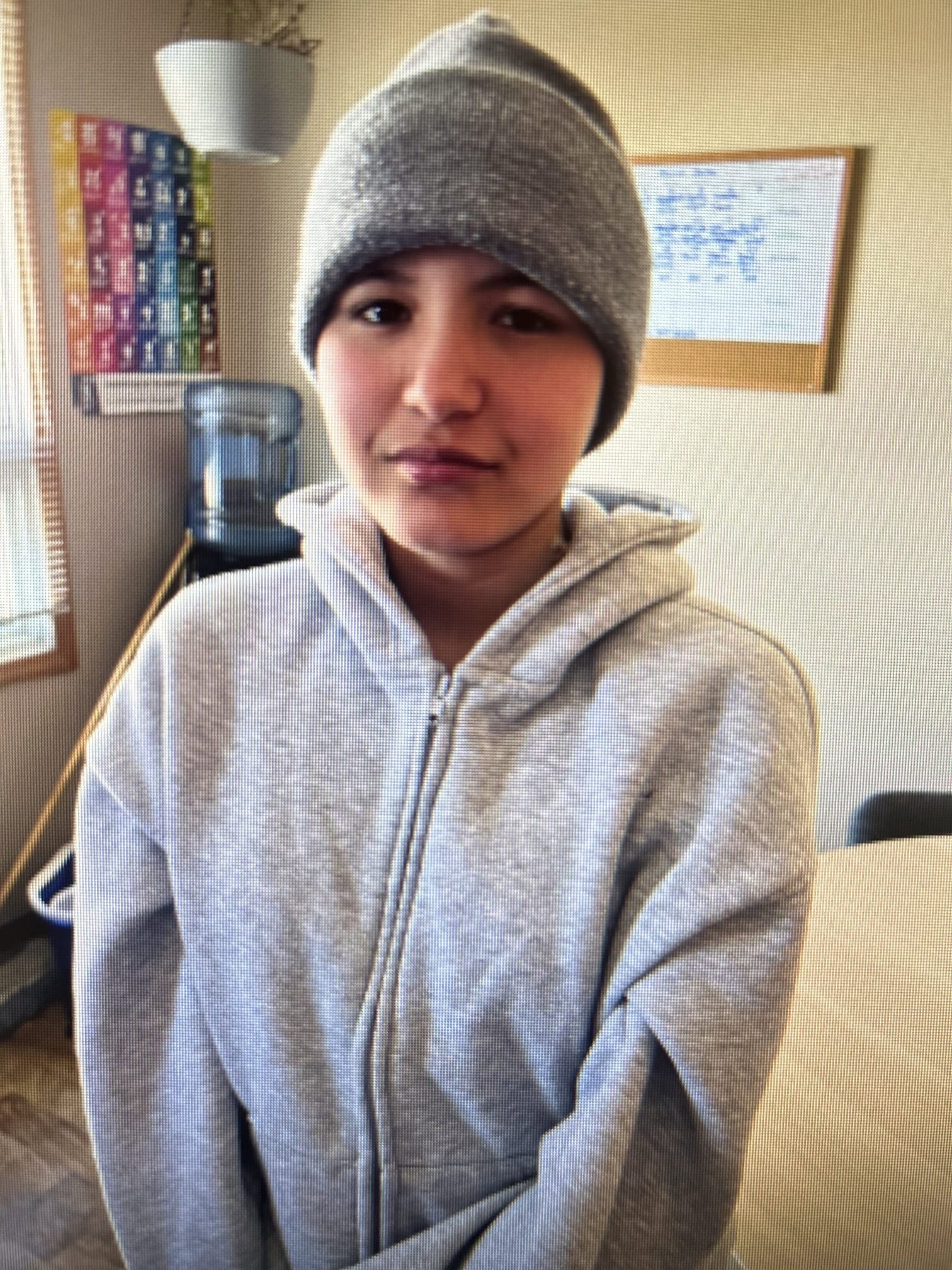A real photo of a young person with long hair and colorful dyed streaks, wearing a grey hooded top, shown close up in an indoor setting.
