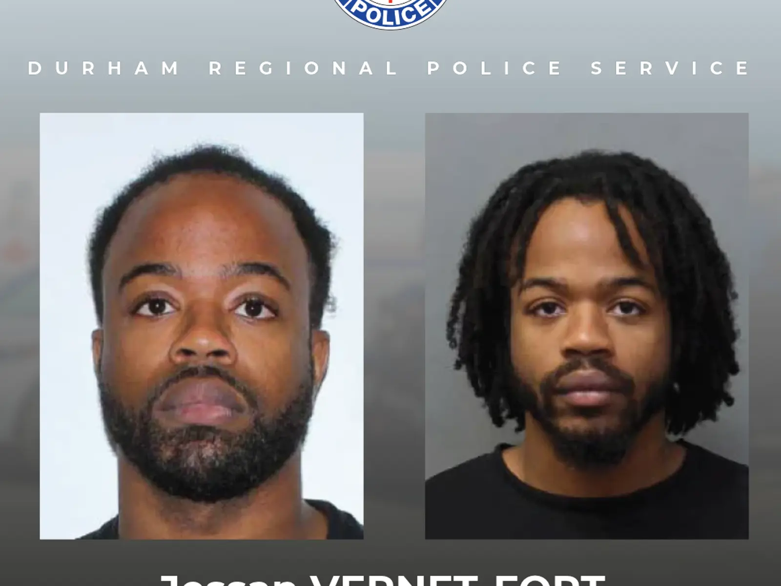 Two side-by-side head-and-shoulders photos of men under a Durham Regional Police Service banner, with a name caption at the bottom.
